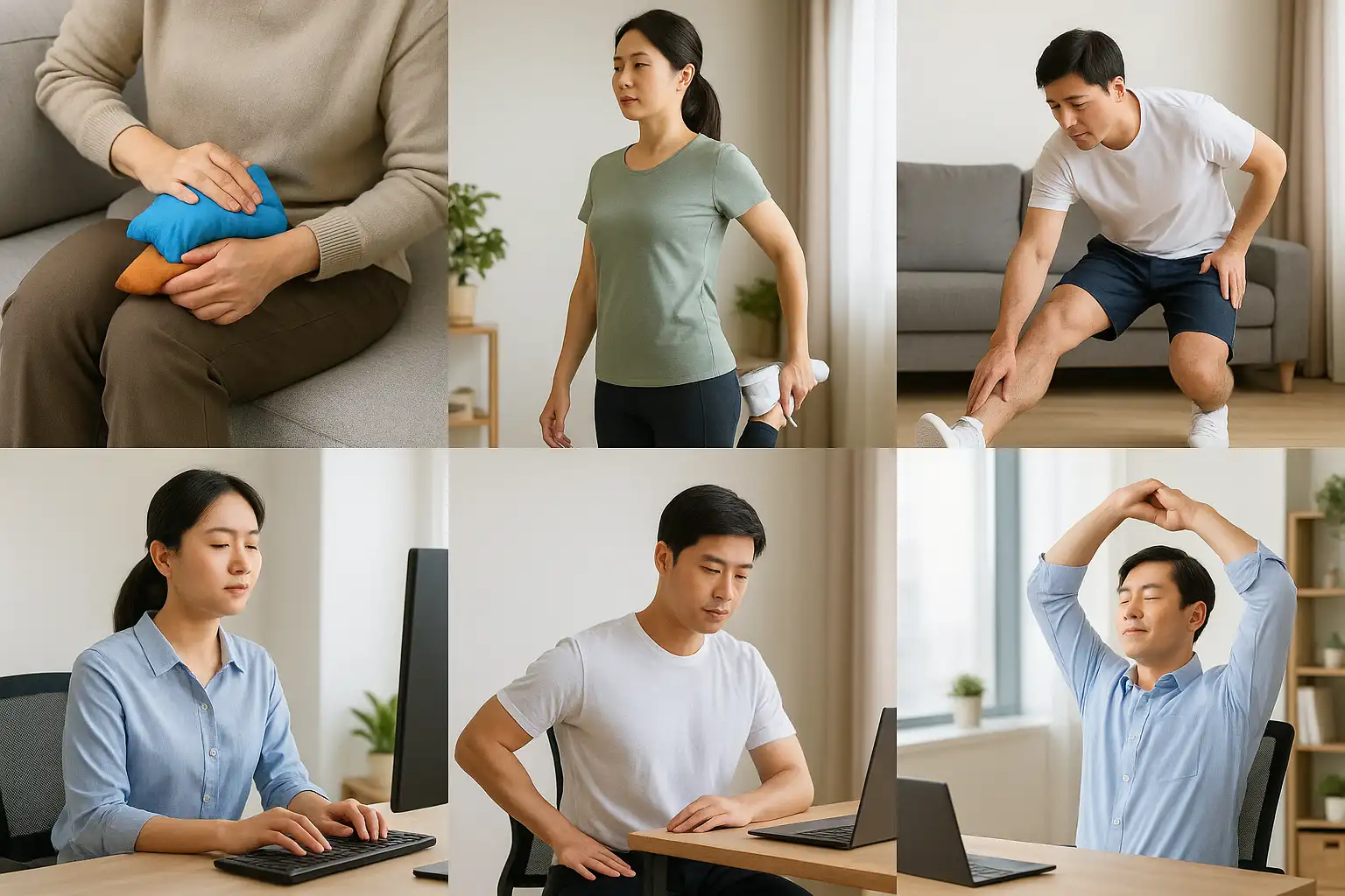 냉찜질과 온찜질을 번갈아 적용하는 장면, 대퇴사두근과 햄스트링 스트레칭을 하는 사람, 바른 자세로 의자에 앉는 모습, 책상 앞에서 자세를 교정하는 직장인, 간단한 사무실 내 스트레칭을 하는 장면