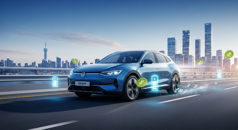 2025년 변경된 전기차 보조금 혜택을 받아 30대 첫차로 전기차를 구매하려는 사람의 성공적인 모습을 담은 세련된 전기차 이미지