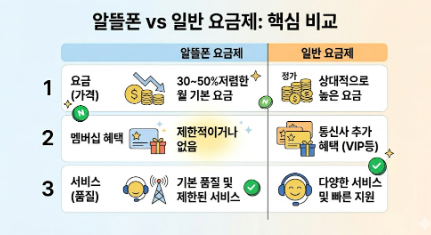 알뜰폰과 일반 요금제 핵심 비교 가이드 인포그래픽