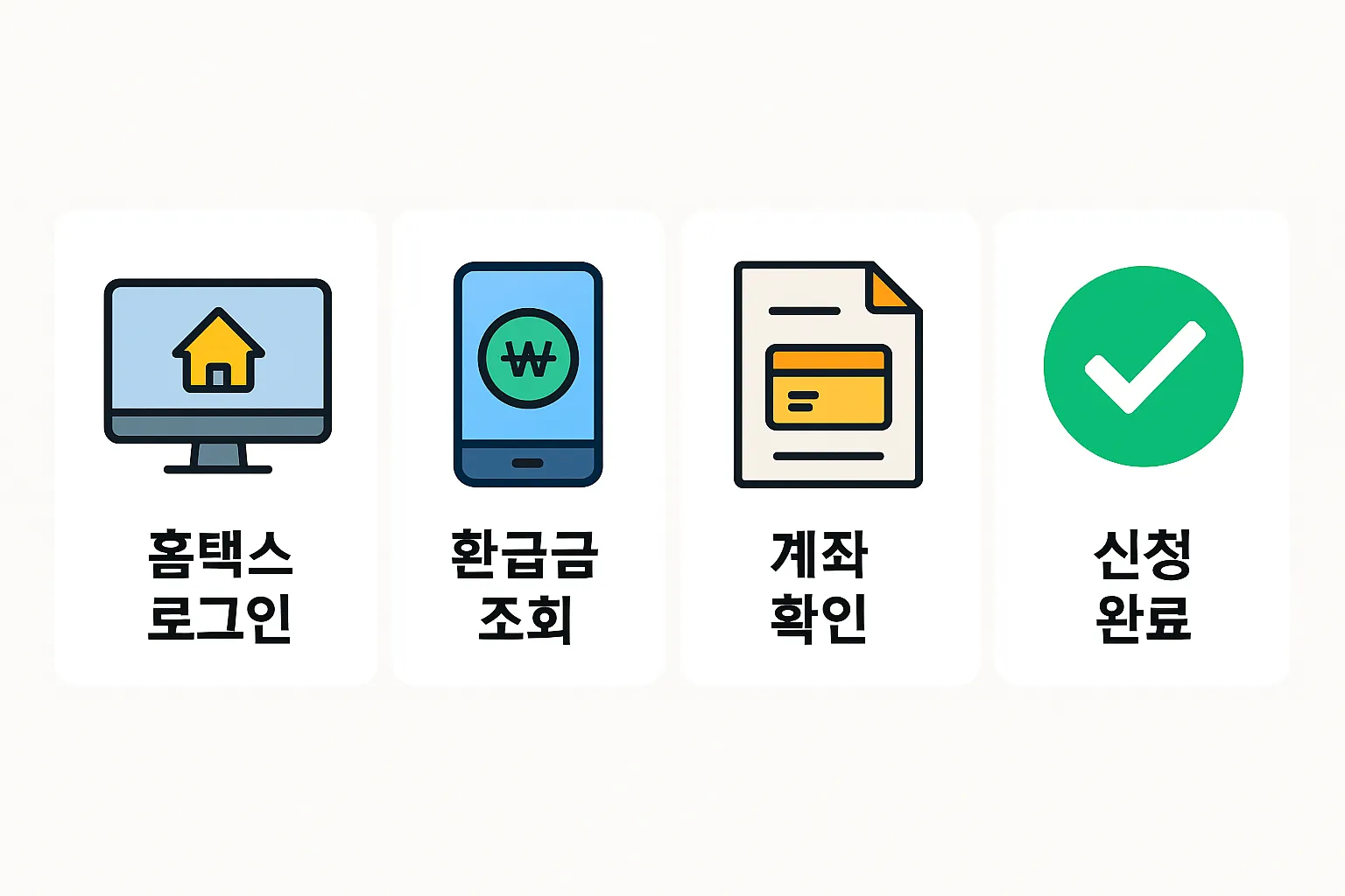 홈택스를 통한 종합소득세 환급금 조회와 신청 절차를 단계별로 보여주는 인포그래픽으로, 로그인부터 계좌 확인, 신청 완료까지 과정을 시각화한 실용 가이드 이미지.