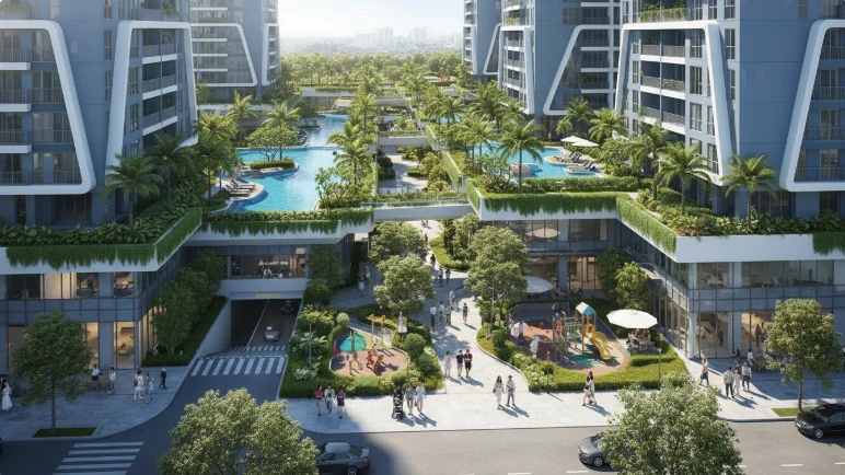 호치민 푸미흥 지역의 현대적인 고층 아파트 단지 전경. 잘 정돈된 조경과 활기찬 거주 환경이 돋보입니다.
