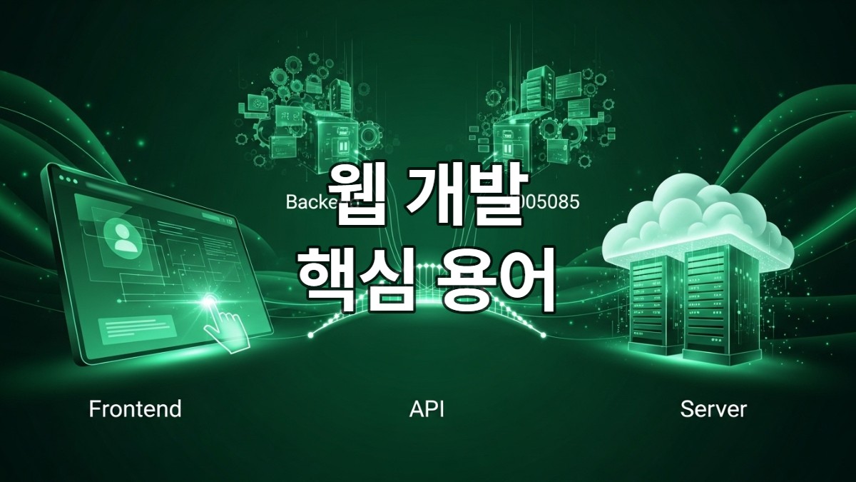 웹 개발의 핵심 요소인 프런트엔드, 백엔드, API, 서버가 유기적으로 연결되어 작동하는 모습을 추상적으로 표현한 다이어그램.