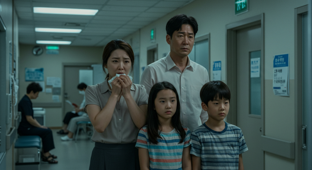 병원 대기실에서 걱정하는 가족의 모습
