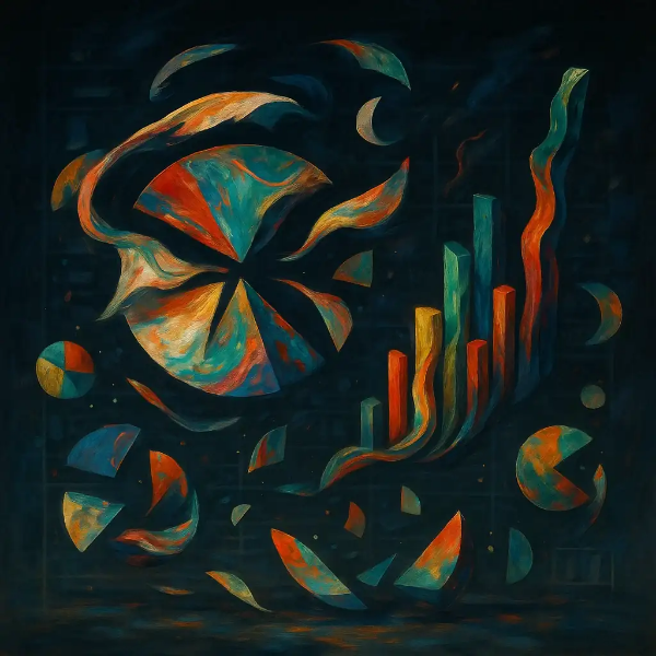 어두운 배경 위에 추상적으로 표현된 원형 차트와 막대그래프들이 회오리처럼 퍼지는 몽환적 일러스트