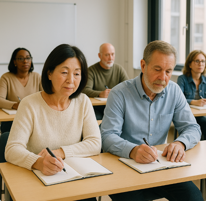 중장년의 남성 여성들이 교실에서 공부하는 사진