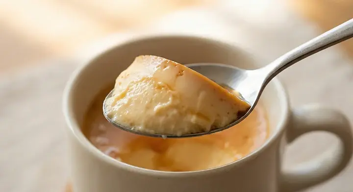 숟가락으로 떠서 단면이 보이는 머그 커스터드 푸딩 클로즈업