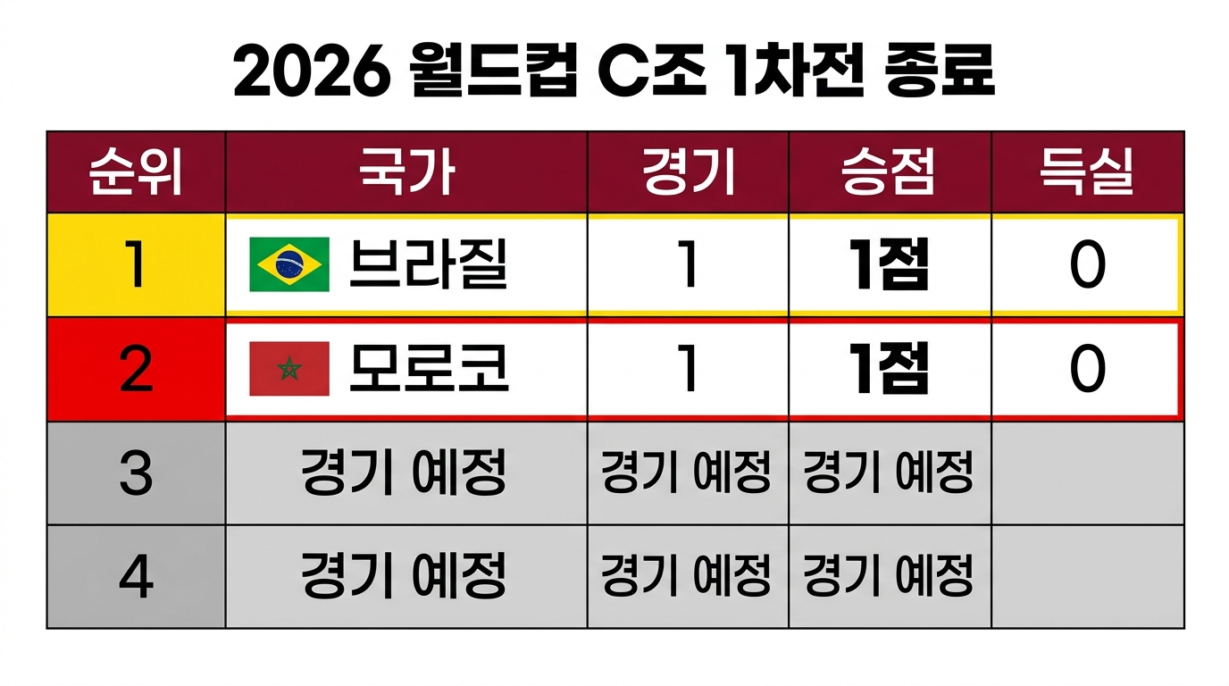 2026 월드컵 C조 1차전 종료 후 순위표 - 브라질 모로코 공동 1점 차트