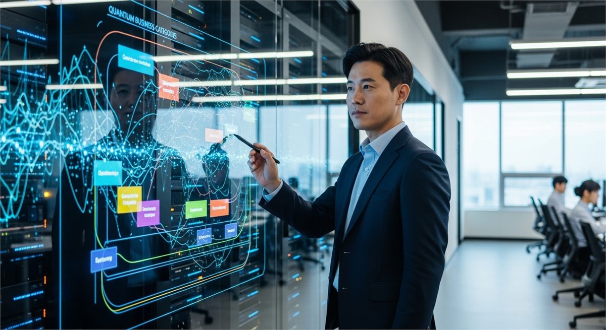 한국 기술 사무실에서 양자 관련 사업 범주를 비교하는 장면