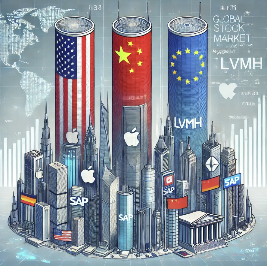 미국 · 중국 · 유럽 시총 Top 기업 분석을 연상 시키는 이미지