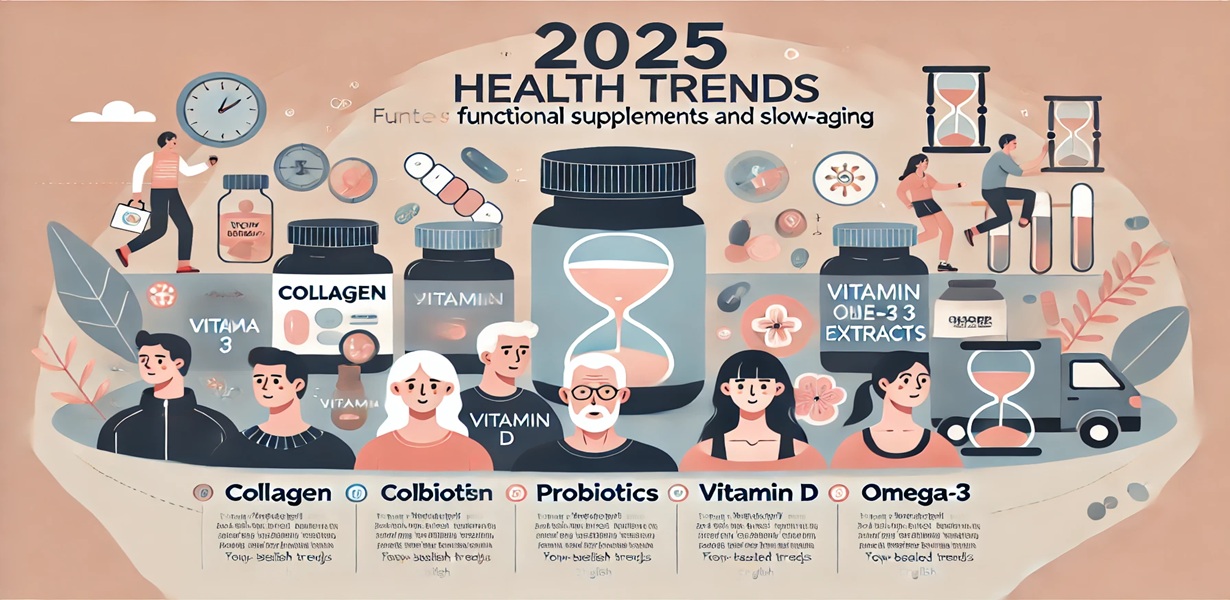 2025년 건강기능식품 트렌드 인포그래픽 – 콜라겐, 프로바이오틱스, 비타민D, 오메가3, 콜비오틴 등 주요 영양소와 슬로 에이징 관련 정보가 담긴 일러스트