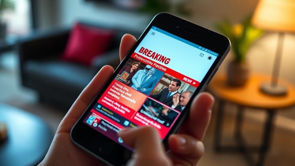 스마트폰 화면에 뜨는 실시간 뉴스 속보와 교통 상황 정보. 중요한 정보를 빠르게 확인하여 상황에 대처하는 현대인의 모습.