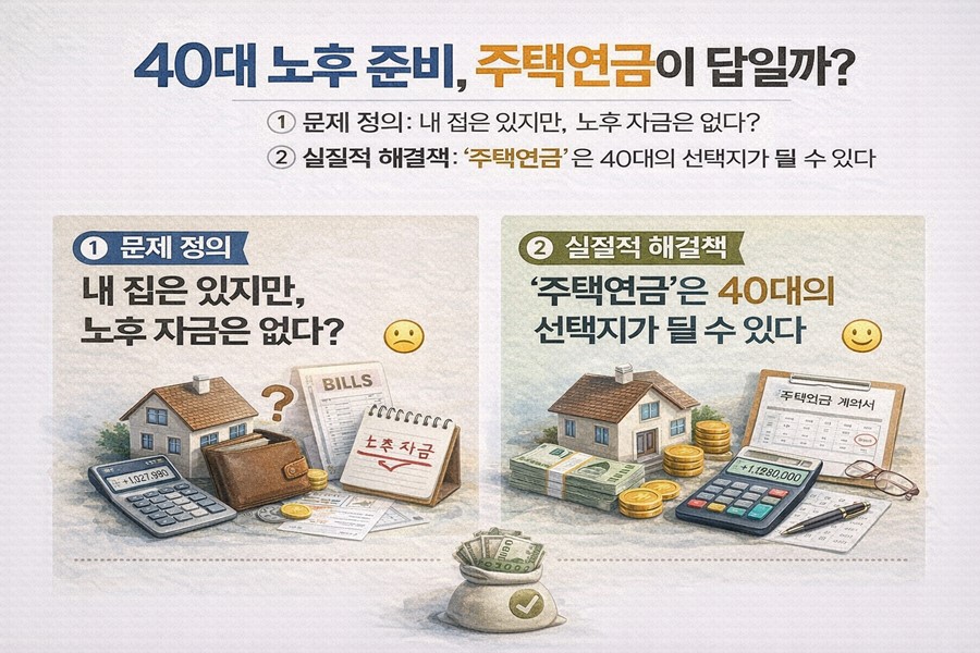 &ldquo;40대 노후 준비를 고민하는 자가 보유자의 주택연금 활용 가능성과 장단점을 정리한 노후 자금 설계 인포그래픽입니다.&rdquo;
