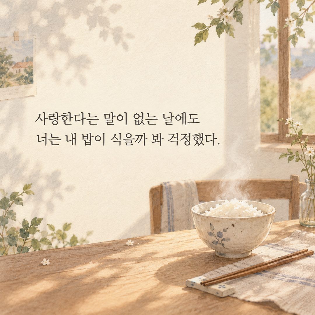 사랑한다는 말이 없는 날에도 너는 내 밥이 식을까 봐 걱정했다.