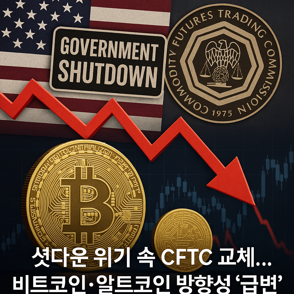미국 셧다운과 CFTC 교체 속 비트코인 하락을 나타내는 그래픽 이미지