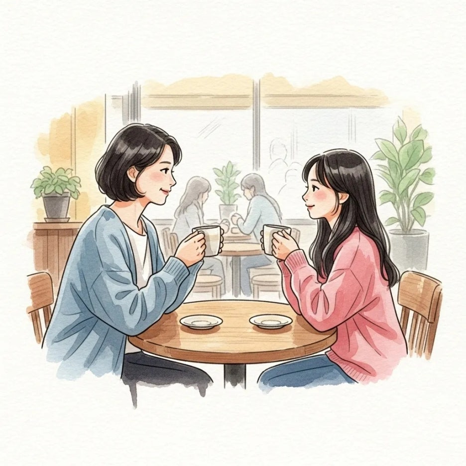 카페에서 따뜻한 차를 마시며 대화하는 모녀의 모습