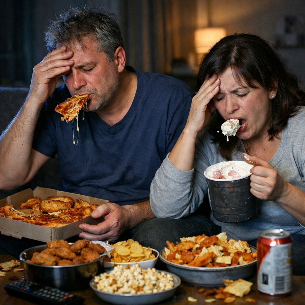 시장 하락일에 야식이 당기는 이유—스트레스 식욕과 중년 건강의 관계