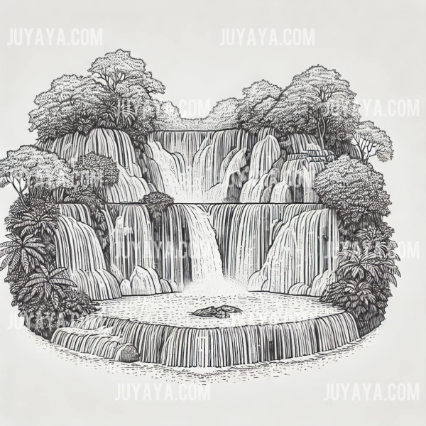 라오스 루앙프라방의 쿠앙시 폭포를 간결한 선으로 표현한 라인아트 이미지.