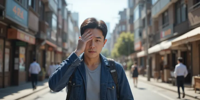  폭염주의보 속에 거리를 걸으며 땀 닦는 남성