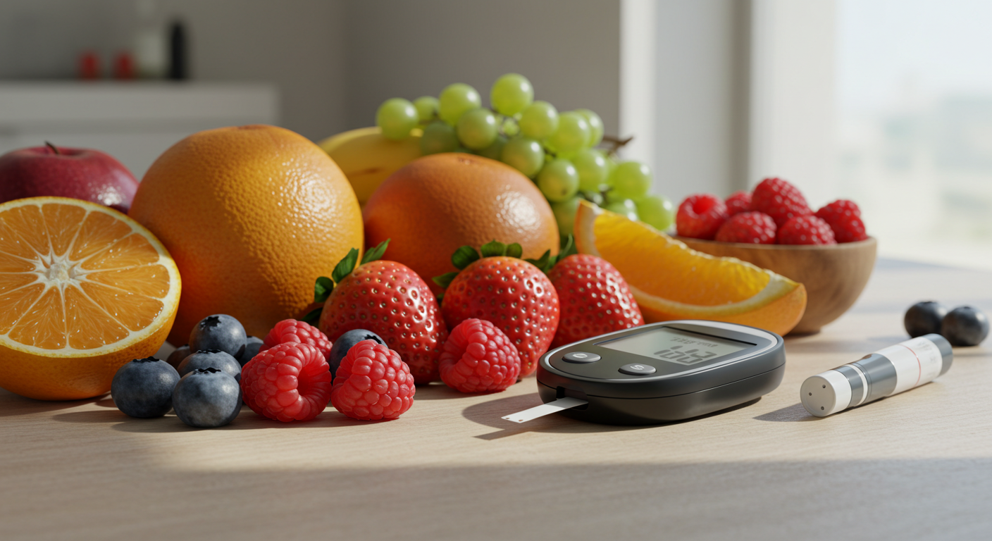 다양한 과일과 혈당 측정기가 놓인 테이블