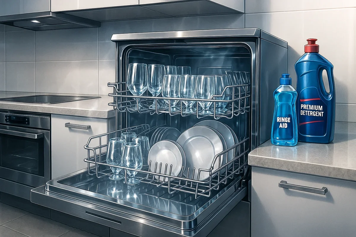깨끗하게 세척된 반짝이는 식기들이 식기세척기에서 나오는 모습, 린스 보조제와 세제가 함께 배치된 현대적인 주방 환경