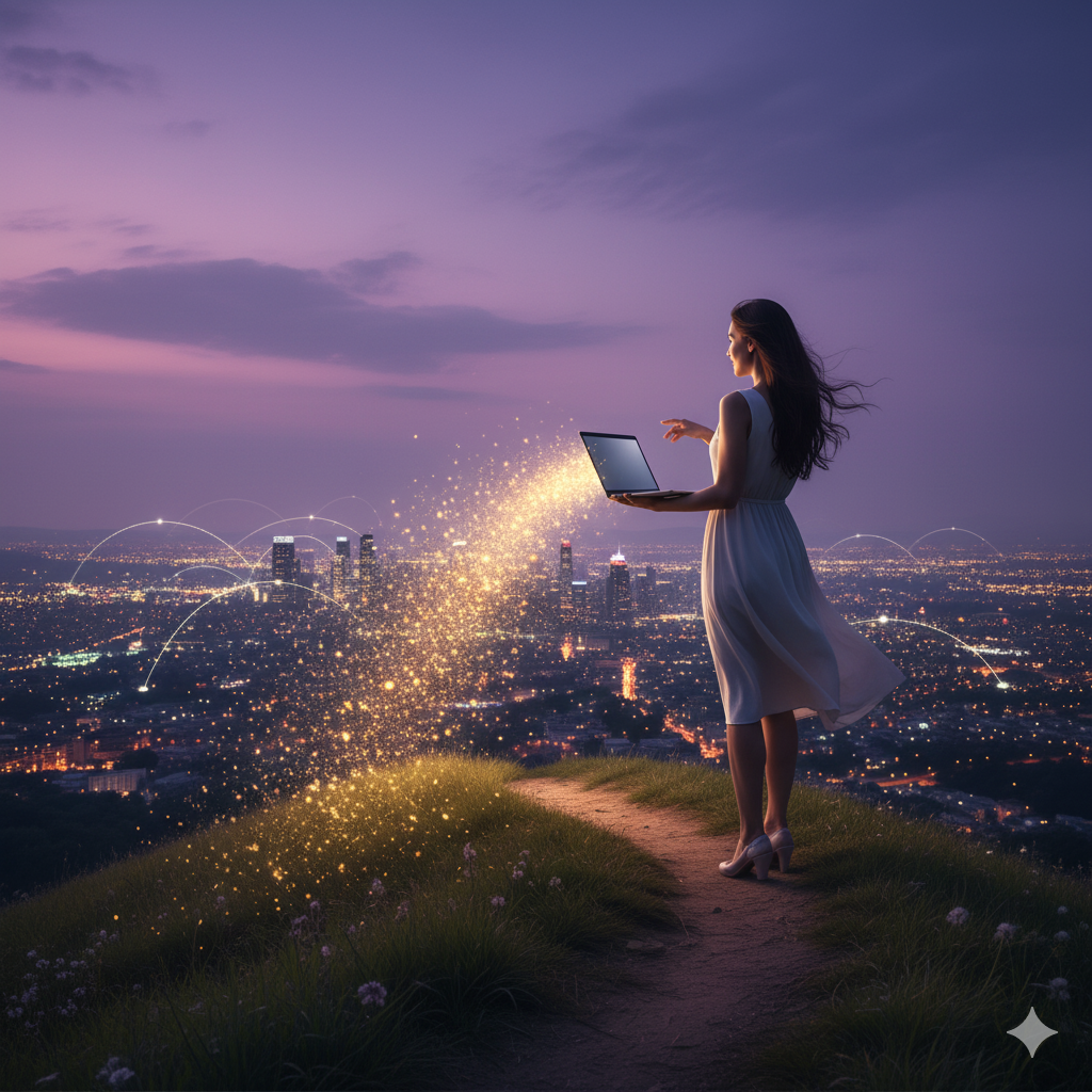 언덕 위에서 노트북을 덮은 여성이 자신의 글을 상징하는 반딧불이가 도시로 퍼져나가는 것을 바라보는 모습