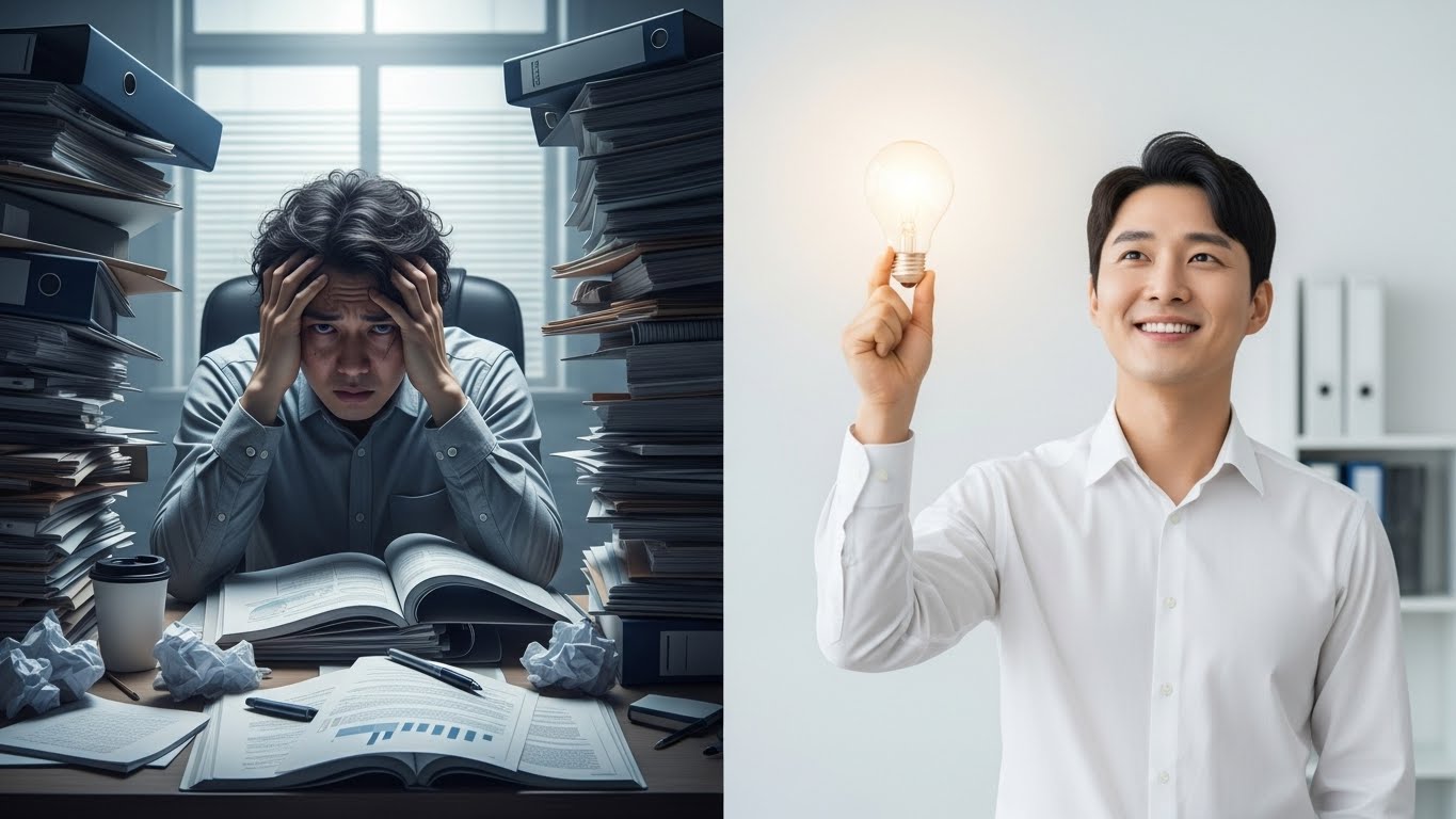 업무 스트레스를 겪던 직장인이 문제 해결의 아이디어를 떠올리고 기뻐하는 모습을 대비시킨 이미지