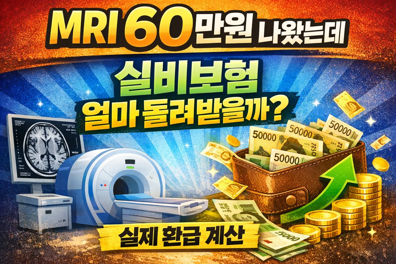 MRI 비용이 60만원 나왔는데, 실비보험 얼마 돌려받을까? -실제환급계산 에 대한 썸네일, 배경에는 MRI장비와 5만원과 지폐가 놓여져 있다