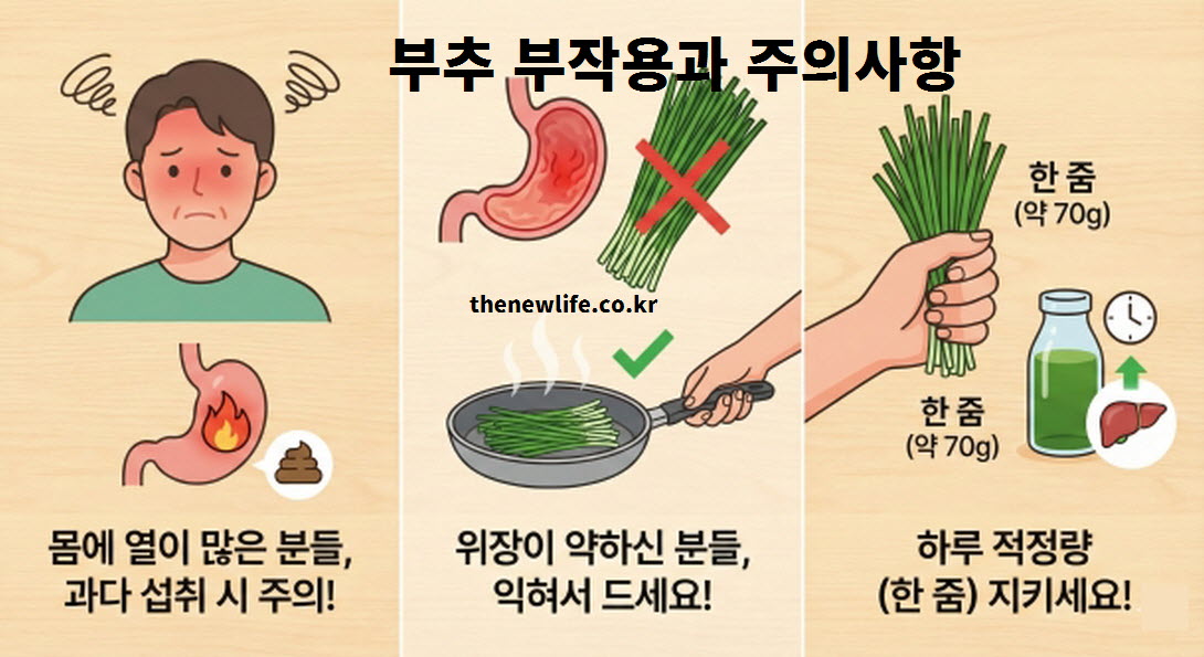 부추 효능을 건강하게 누리기 위한 부작용과 주의사항 인포그래픽. 열이 많은 체질과 위장이 약한 경우의 주의점 및 하루 권장 섭취량 70g 설명.
