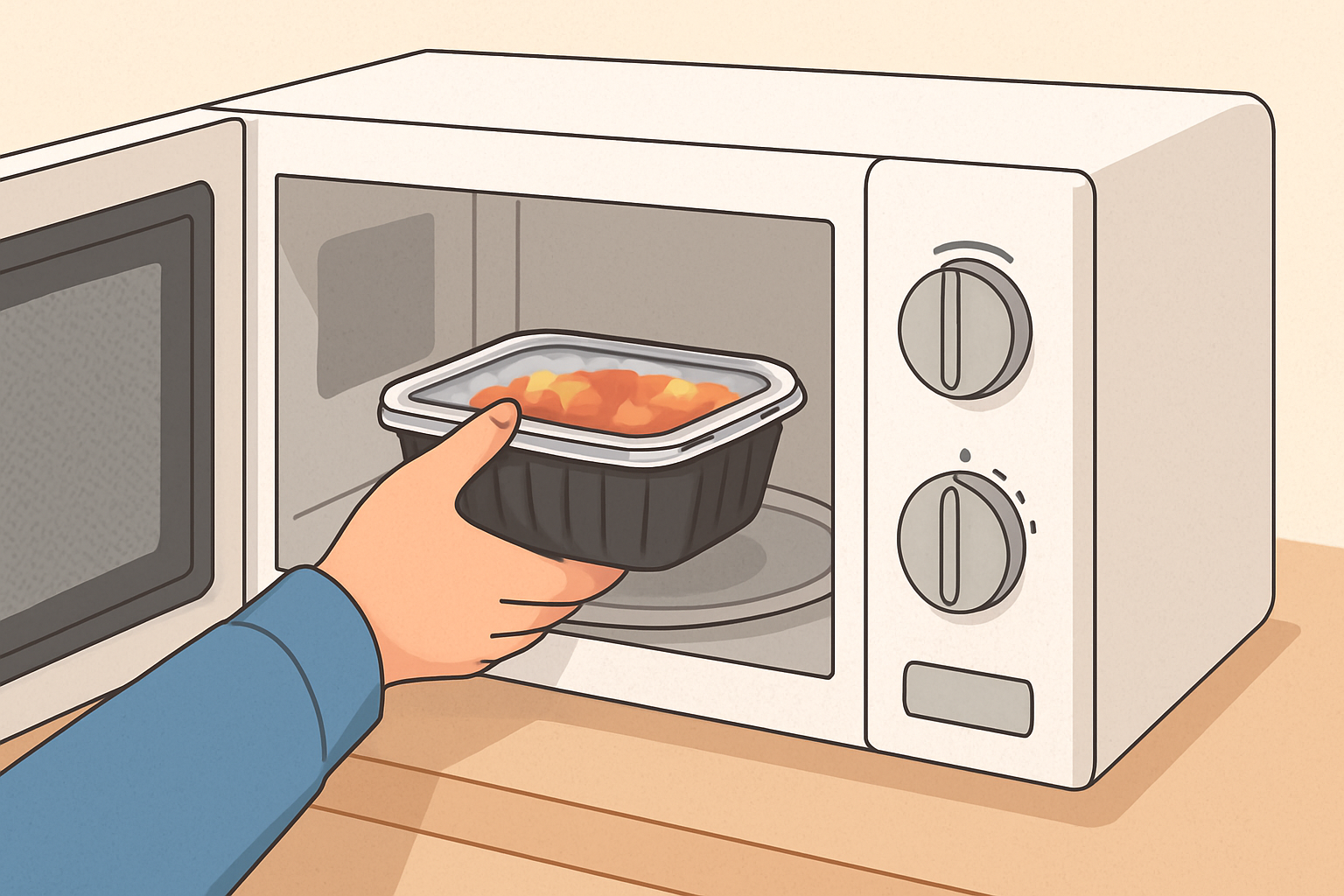 전자레인지에 배달 플라스틱 용기를 넣는 장면 – 일반적인 가정 상황에서의 조리 습관 묘사