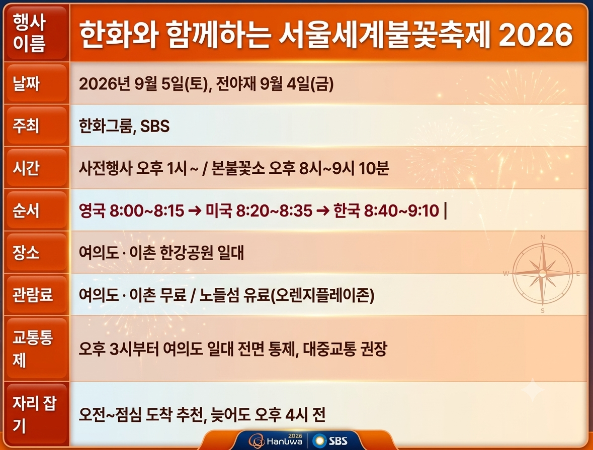 서울세계불꽃축제 2026 9월 5일|여의도 불꽃축제 명당·시간·준비물 총정리