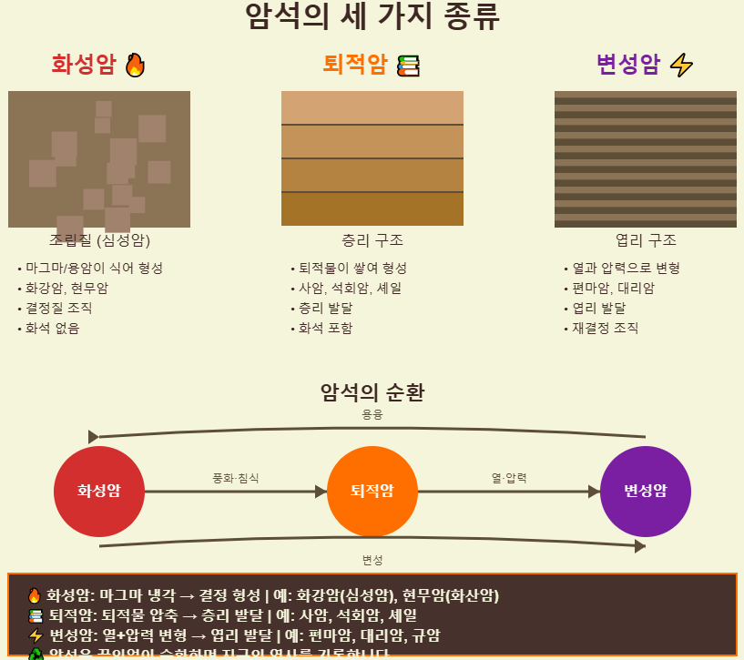 화성암, 퇴적암, 변성암의 특징