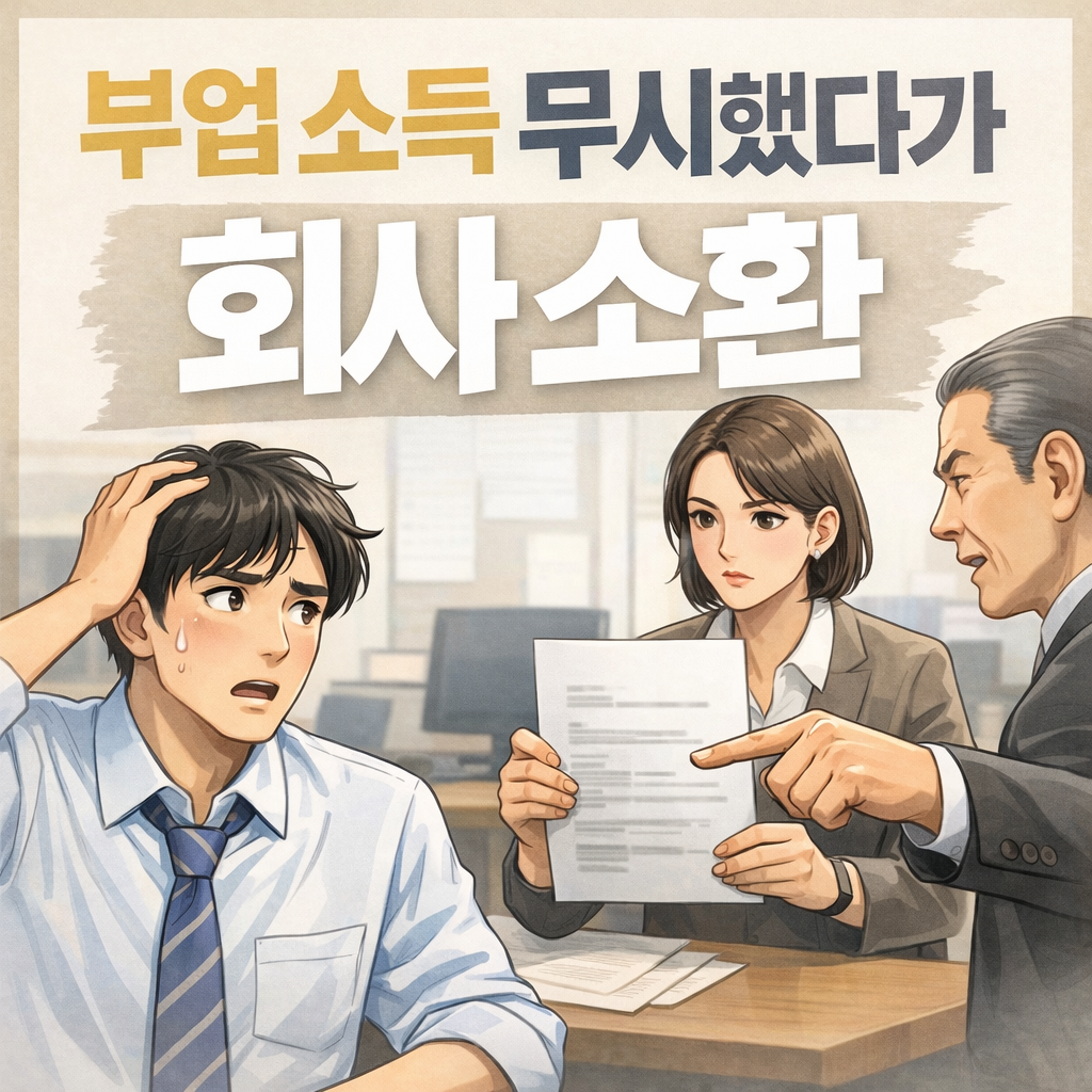 직장인 부업 소득을 관리하지 않아 회사 내부에서 문제 상황이 발생하는 장면을 표현한 일러스트 이미지