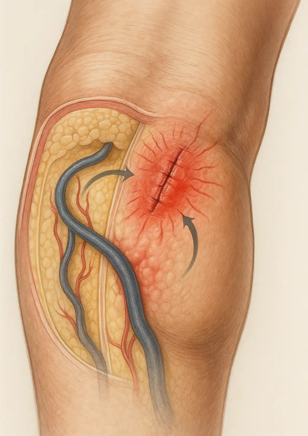 오금 주변 혈류 느려짐으로 인한 가려움 발생