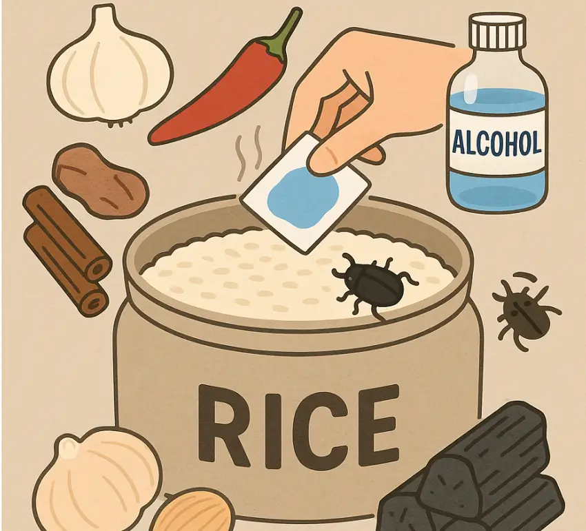 쌀벌레 퇴치를 위해 마늘 고추 등을 활용하는 모습