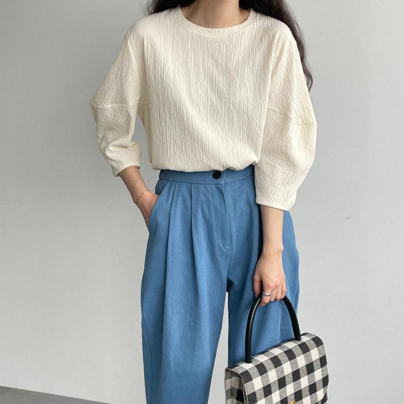 여성 봄 블라우스 칠부 링클 지지미 벌룬 퍼프 블라우스 크림