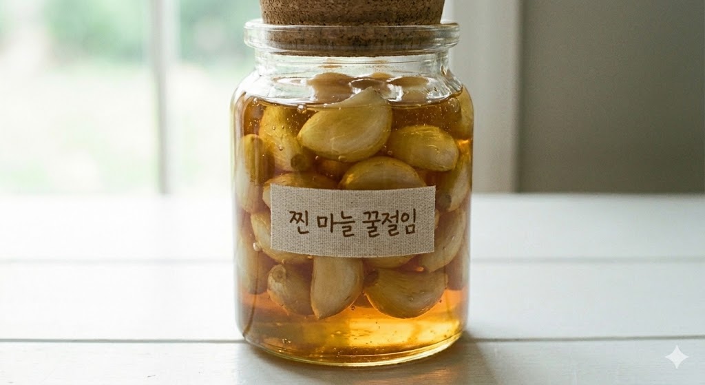 찐 마늘에 천연 꿀을 부어 쫀득한 식감과 달콤한 풍미를 더한 면역력 강화에 탁월한 건강한 꿀마늘 절임
