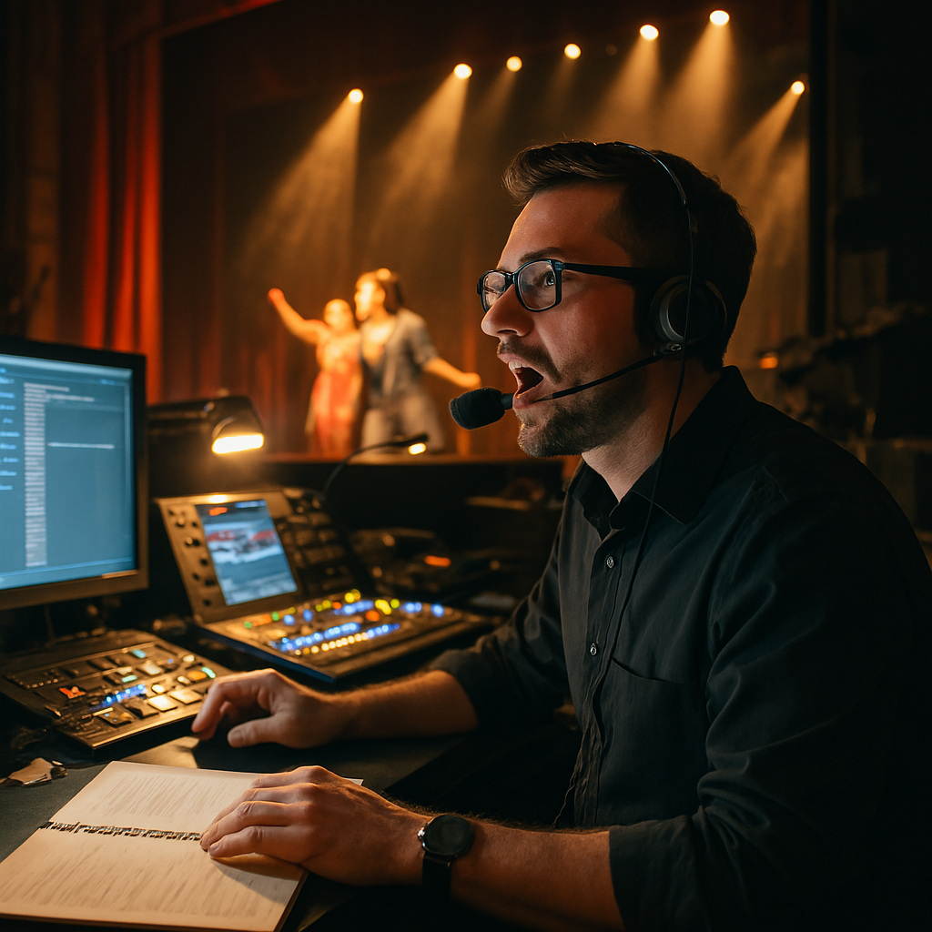 공연이 진행 중인 극장에서 업무를 하고 있는 무대감독