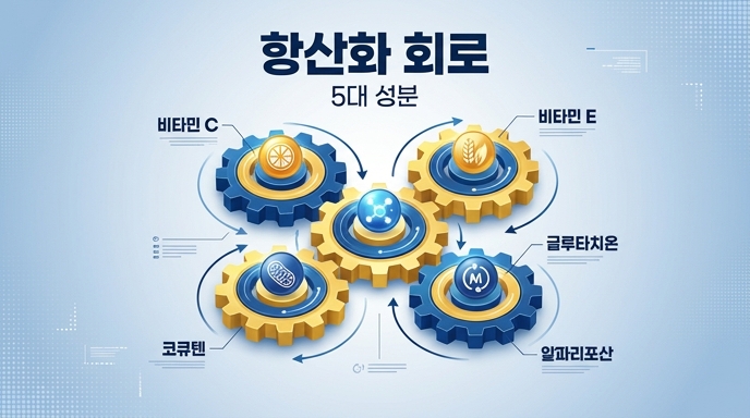 비타민C, 비타민E, 글루타치온, 알파리포산, 코큐텐이 서로 맞물려 돌아가는 항산화 회로 5대 성분 톱니바퀴 구조도