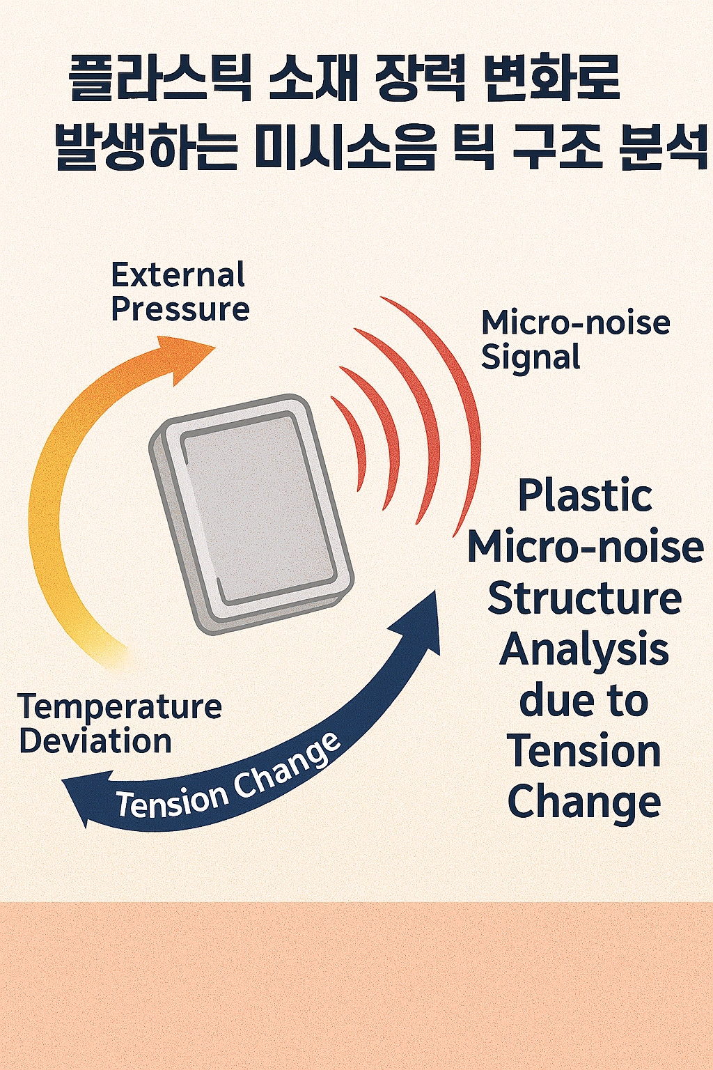 플라스틱 내부 장력 변화가 미세한 응력 해소를 통해 틱 소음으로 표현되는 구조적 음향 현상을 시각화한 이미지