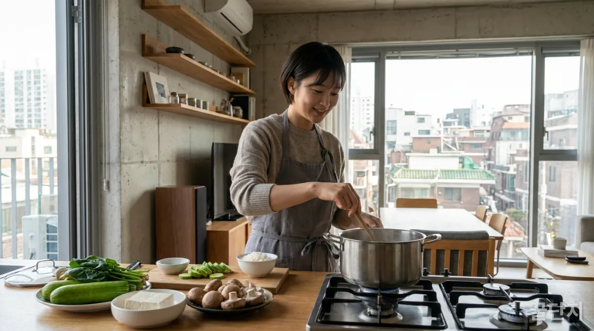 워케이션 숙소 주방에서 직접 요리하며 생활비를 절약하는 한국인