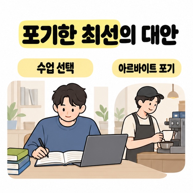 포기한 최선의 대안이라는 문구 아래 수업을 듣는 학생과 포기한 카페 아르바이트 장면을 함께 보여주는 그림