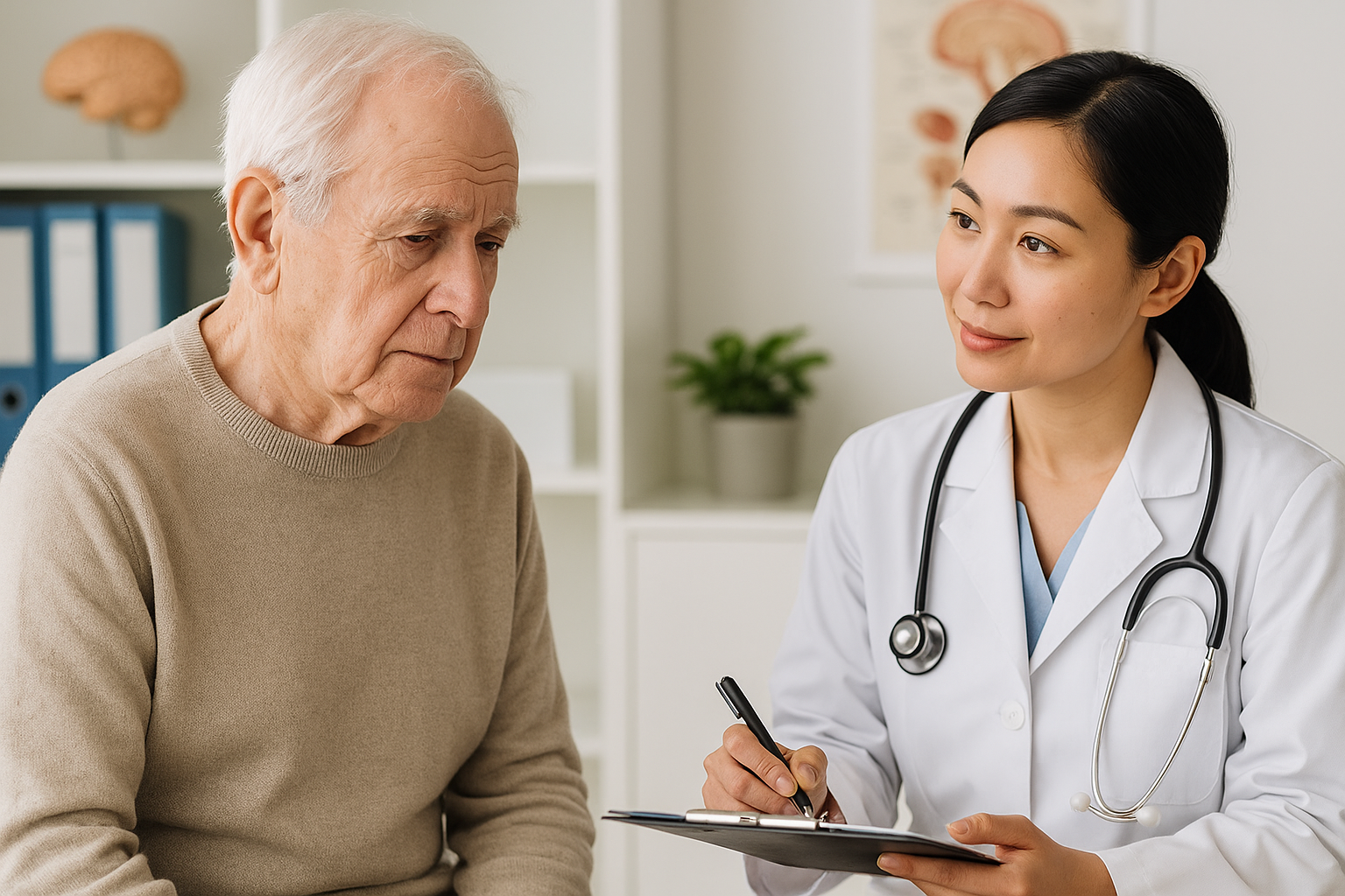 병원 진료를 받는 노인 이미지, 신경과 진료실 장면