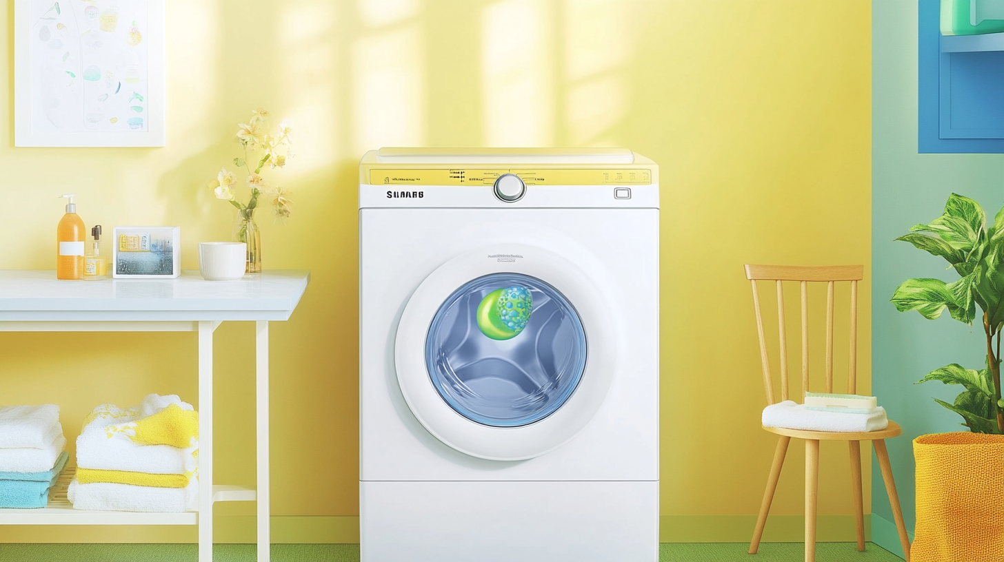 삼성 세탁기가 에코버블 기술로 깨끗한 세탁물을 효과적으로 처리하고 있는 현대적인 세탁실을 배경으로 한 장면입니다.