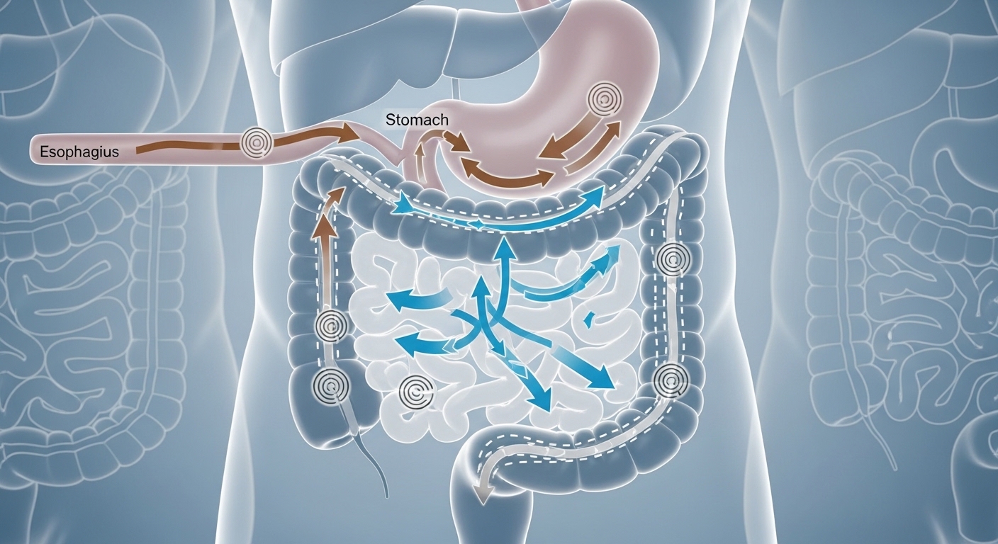 음식물, 액체, 가스가 장을 통해 이동하며 소리를 내는 소화 시스템의 움직임을 보여주는 의학 일러스트레이션