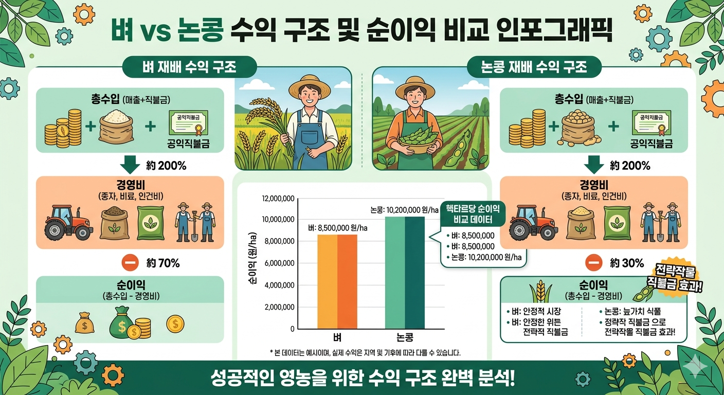 벼 vs 논콩 수익구조 및 순이익 비교 인포그래픽