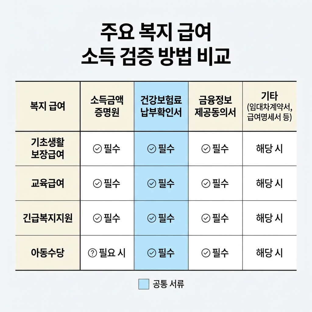 복지급여별 소득 확인 서류 비교표