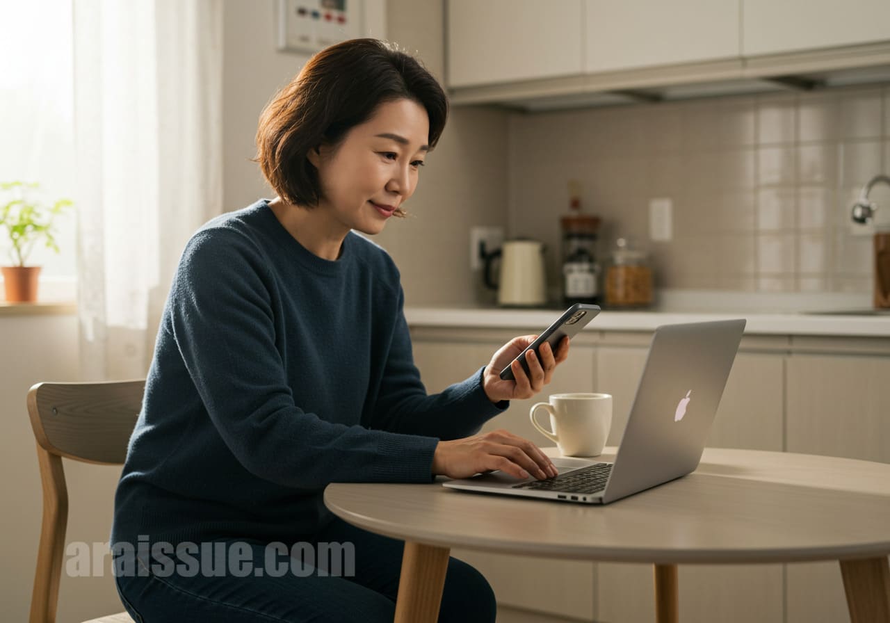 50~60대 한국 여성이 부드러운 아침 햇살 아래 주방 테이블에서 노트북과 스마트폰으로 예방접종 이력을 확인하는 장면. 편안하고 실용적인 정보 검색 상황을 보여준다.