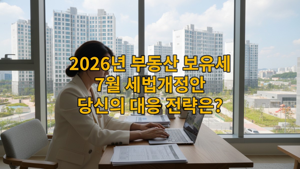2026년 7월 세법개정안 발표 후 부동산 보유세 변화에 대해 고민하는 한국 여성.