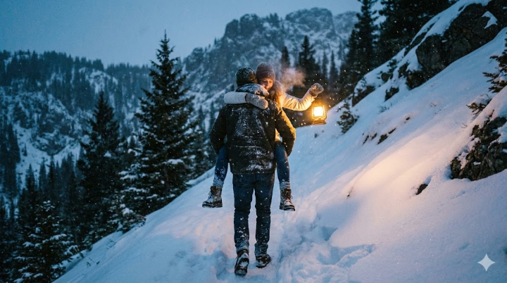 눈 덮인 가파른 산길을 한 남자가 여자를 업고 힘겹게 오르는 뒷모습. 여자의 손에는 작은 랜턴이 들려 있고, 그 빛이 앞길을 비추는 감동적인 장면.