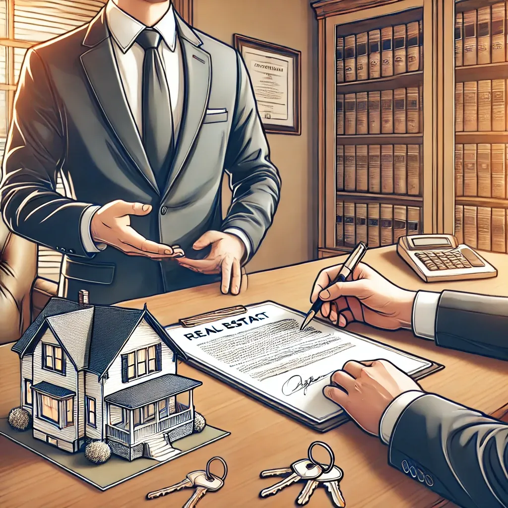 부동산 변호사가 사무실에서 고객과 계약서를 검토하며 상담하는 모습